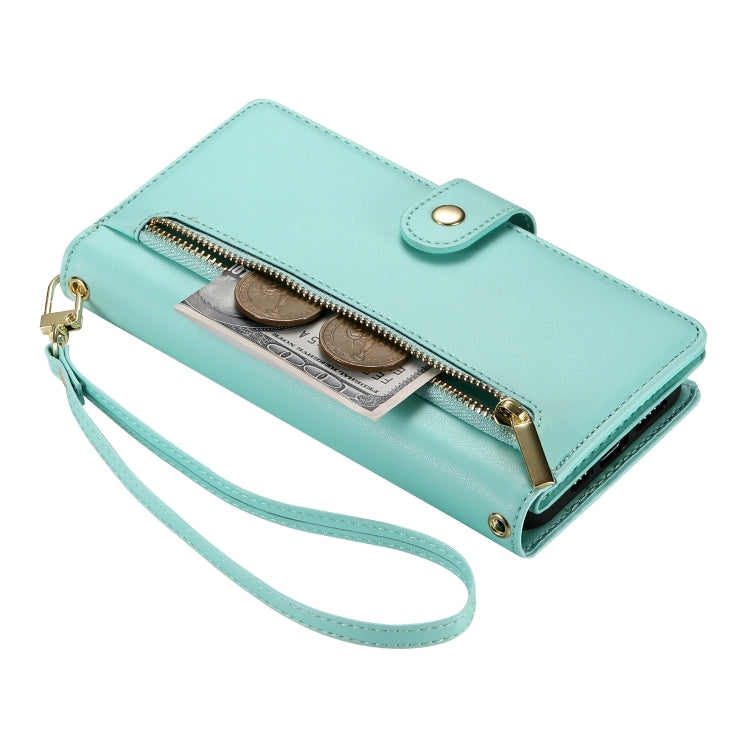 For iPhone SE 4 2024 Nine Card-slot Zipper Wallet Bag Leather Phone Case(Mint Green) - More iPhone Cases by buy2fix | Online Shopping UK | buy2fix