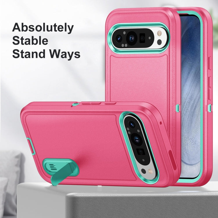 For Google Pixel 9 Rugged PC + Silicone Phone Case with Holder(Rose Red+Light Green) - Google Cases by buy2fix | Online Shopping UK | buy2fix