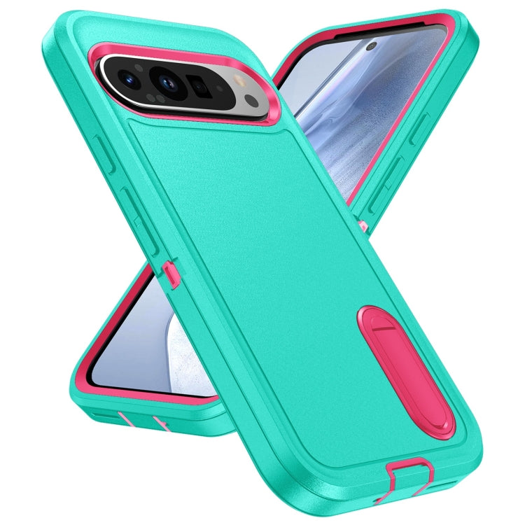 For Google Pixel 9 Rugged PC + Silicone Phone Case with Holder(Light Green+Rose Red) - Google Cases by buy2fix | Online Shopping UK | buy2fix