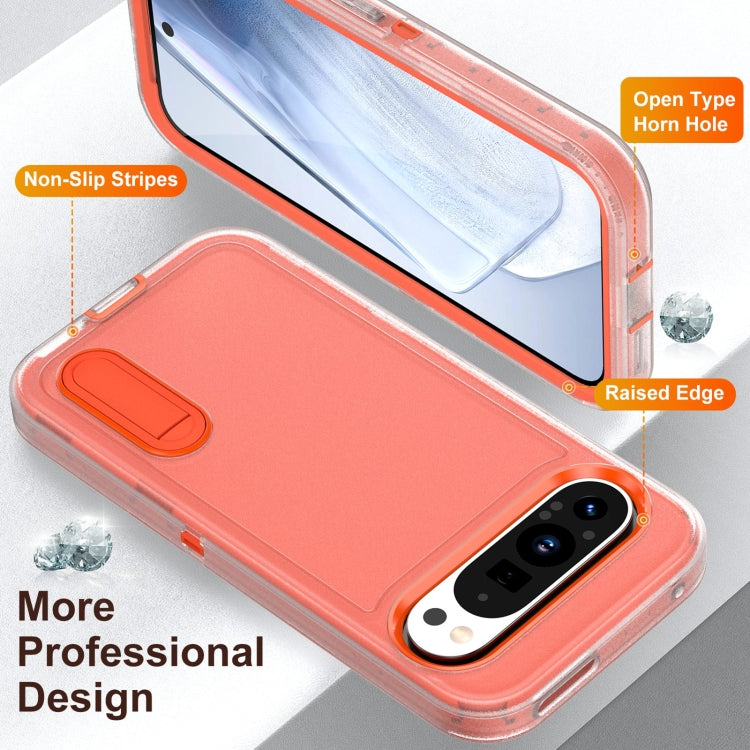 For Google Pixel 9 Rugged PC + Silicone Phone Case with Holder(Transparent+Orange) - Google Cases by buy2fix | Online Shopping UK | buy2fix