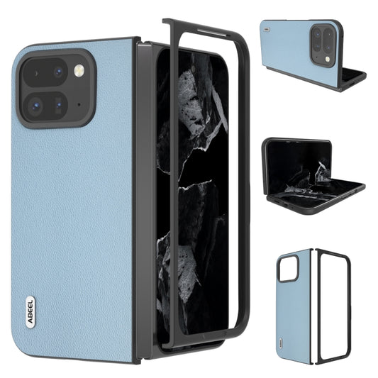 For Google Pixel 9 Pro Fold ABEEL Genuine Leather Elegant Black Edge Phone Case(Sky Blue) - Google Cases by buy2fix | Online Shopping UK | buy2fix