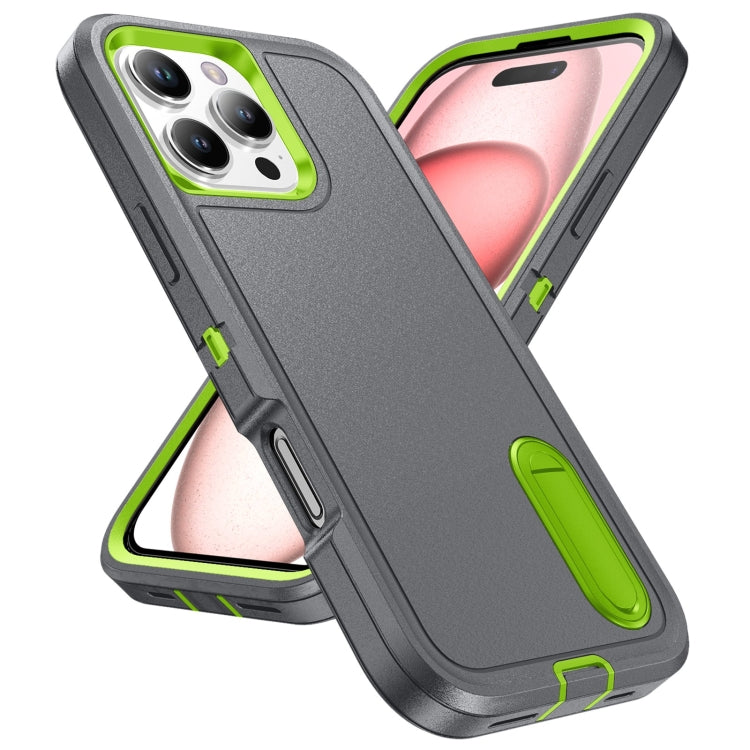 For iPhone 16 Pro Rugged PC + Silicone Phone Case with Holder(Grey+Fresh Green) - iPhone 16 Pro Cases by buy2fix | Online Shopping UK | buy2fix