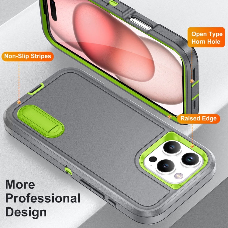 For iPhone 16 Pro Rugged PC + Silicone Phone Case with Holder(Grey+Fresh Green) - iPhone 16 Pro Cases by buy2fix | Online Shopping UK | buy2fix