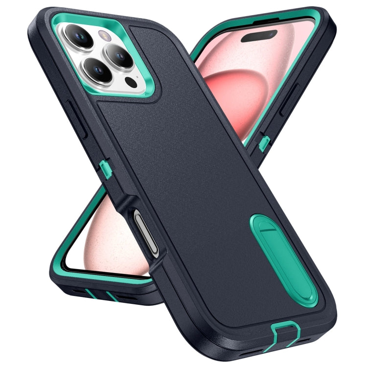 For iPhone 16 Pro Rugged PC + Silicone Phone Case with Holder(Dark Blue+Light Green) - iPhone 16 Pro Cases by buy2fix | Online Shopping UK | buy2fix