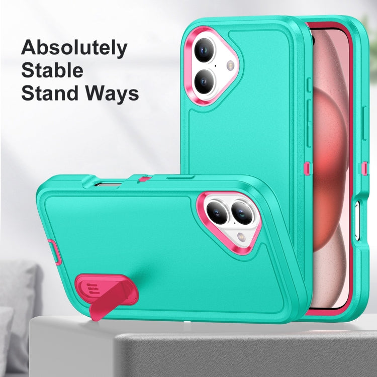 For iPhone 16 Plus Rugged PC + Silicone Phone Case with Holder(Light Green+Rose Red) - iPhone 16 Plus Cases by buy2fix | Online Shopping UK | buy2fix