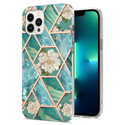 For iPhone 16 Pro Max Splicing Marble Flower IMD TPU Phone Case(Blue Flower) - iPhone 16 Pro Max Cases by buy2fix | Online Shopping UK | buy2fix