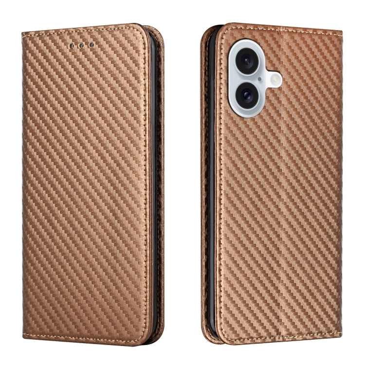 For iPhone 16 Plus Carbon Fiber Texture Magnetic Flip Leather Phone Case(Brown) - iPhone 16 Plus Cases by buy2fix | Online Shopping UK | buy2fix