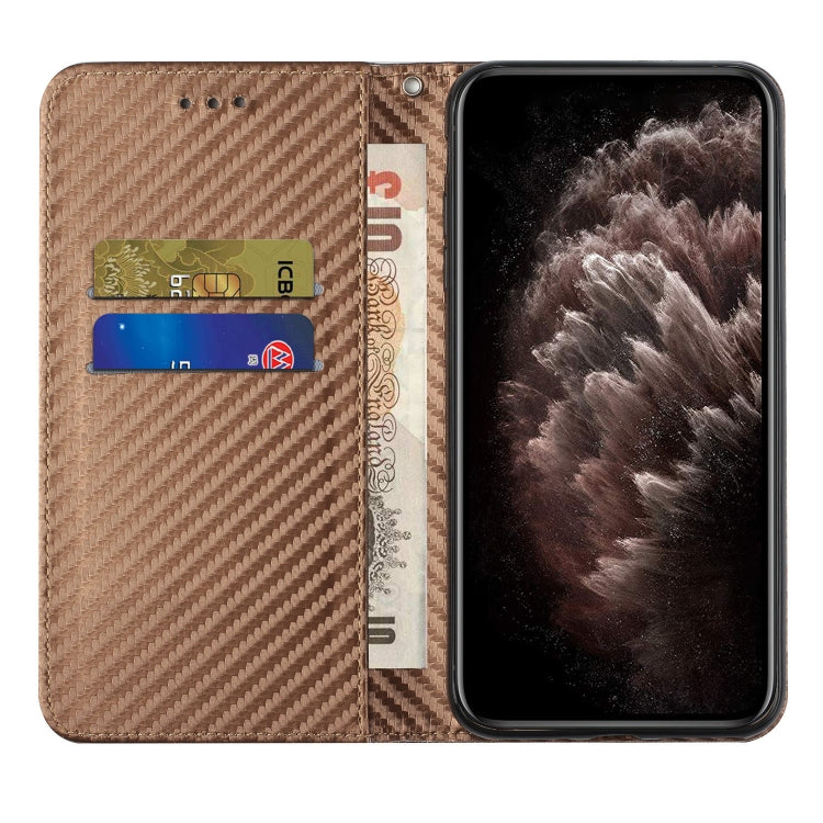 For iPhone 16 Plus Carbon Fiber Texture Magnetic Flip Leather Phone Case(Brown) - iPhone 16 Plus Cases by buy2fix | Online Shopping UK | buy2fix