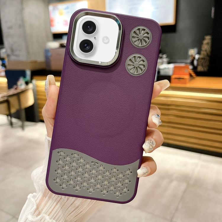 For iPhone 16 Leather Textured Fan Hollow Cooling MagSafe Magnetic Phone Case(Purple) - iPhone 16 Cases by buy2fix | Online Shopping UK | buy2fix