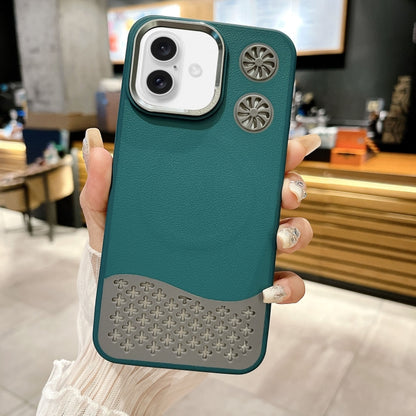 For iPhone 16 Leather Textured Fan Hollow Cooling MagSafe Magnetic Phone Case(Green) - iPhone 16 Cases by buy2fix | Online Shopping UK | buy2fix