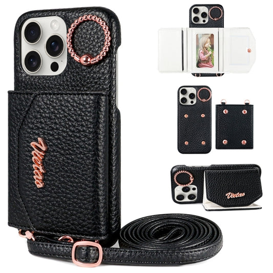 For iPhone 13 Pro Max VIETAO Ring Holder Card Bag Phone Case with Lanyard(Black) - iPhone 13 Pro Max Cases by VIETAO | Online Shopping UK | buy2fix