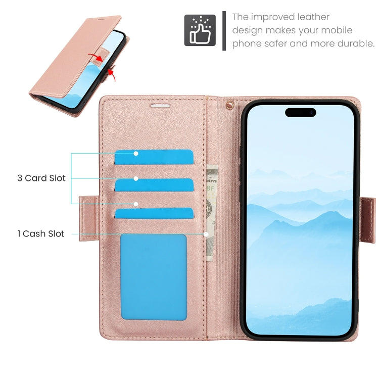 For iPhone 16 Plus Side Buckle RFID Anti-theft Leather Phone Case(Rose Gold) - iPhone 16 Plus Cases by buy2fix | Online Shopping UK | buy2fix