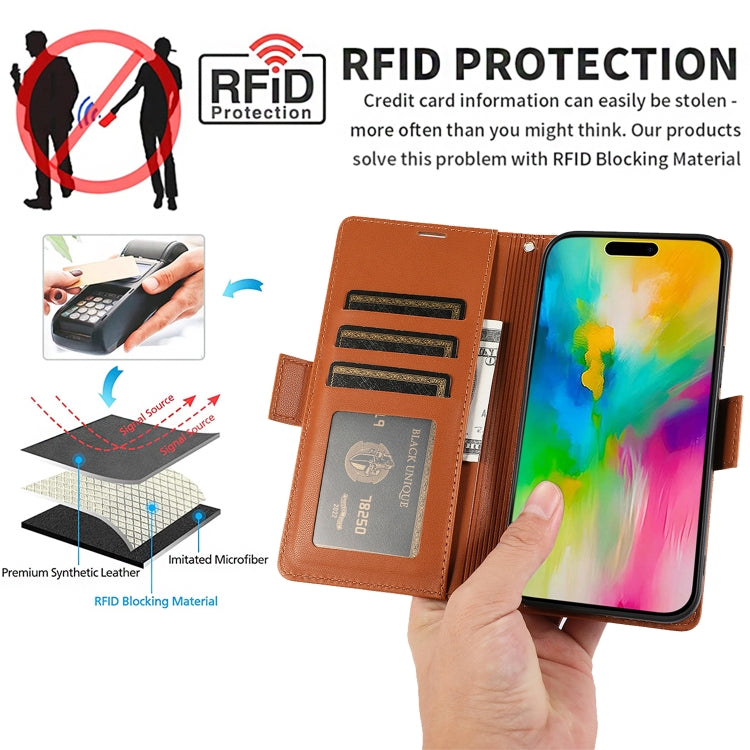 For iPhone 16 Pro Max Side Buckle RFID Anti-theft Leather Phone Case(Brown) - iPhone 16 Pro Max Cases by buy2fix | Online Shopping UK | buy2fix