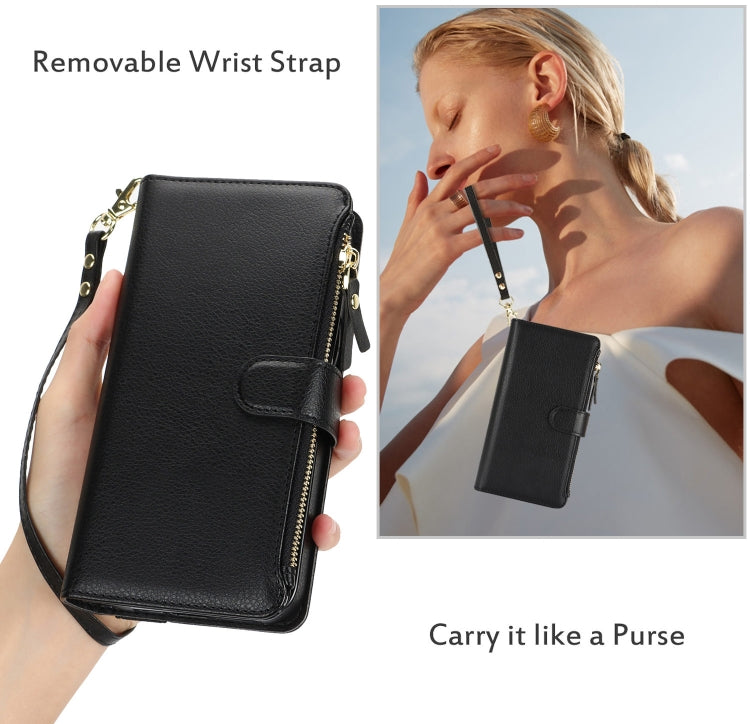 For iPhone 16 Wristband Holder Zipper Purse RFID Leather Phone Case(Black) - iPhone 16 Cases by buy2fix | Online Shopping UK | buy2fix