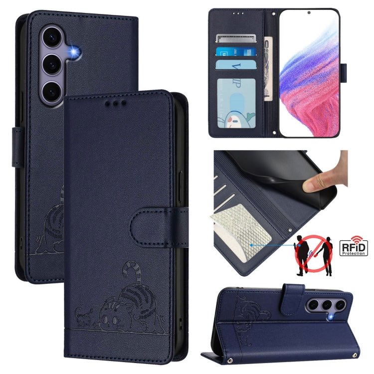 For Samsung Galaxy S25 5G Cat Rat Embossed RFID Leather Phone Case with Lanyard(Blue) - Galaxy S25 5G Cases by buy2fix | Online Shopping UK | buy2fix