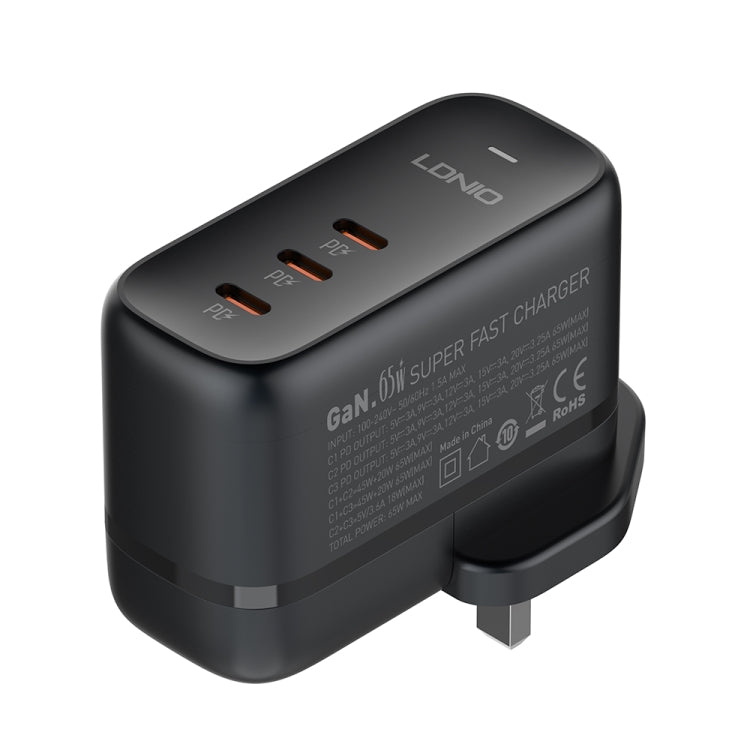 LDNIO Q367 65W GaN 3 x USB-C / Type-C Interface Charger with 1m USB-C / Type-C to USB-C / Type-C Data Cable, Plug Type:UK Plug(Black) - USB Charger by LDNIO | Online Shopping UK | buy2fix