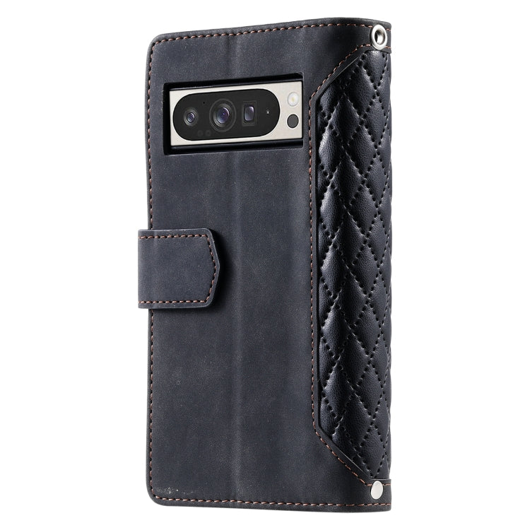 For Google Pixel 9 Pro XL Grid Texture Zipper Leather Phone Case with Lanyard(Black) - Google Cases by buy2fix | Online Shopping UK | buy2fix