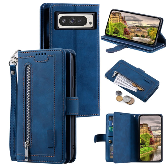 For Google Pixel 9 Pro XL Zipper Wallet Bag Horizontal Flip PU Phone Case with 9 Card Slots(Blue) - Google Cases by buy2fix | Online Shopping UK | buy2fix