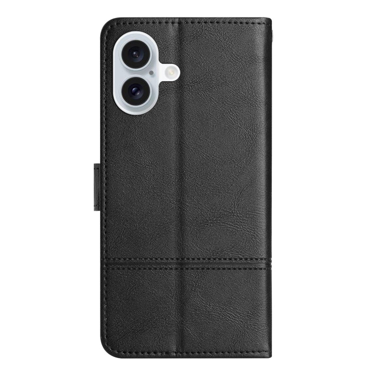 For iPhone 16 Cowhide Texture Stitching Leather Phone Case(Black) - iPhone 16 Cases by buy2fix | Online Shopping UK | buy2fix