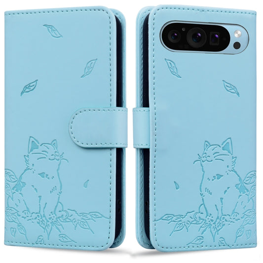 For Google Pixel 9 / 9 Pro Cute Cat Embossed Leather Phone Case(Sky Blue) - Google Cases by buy2fix | Online Shopping UK | buy2fix