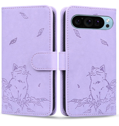 For Google Pixel 9 / 9 Pro Cute Cat Embossed Leather Phone Case(Purple) - Google Cases by buy2fix | Online Shopping UK | buy2fix