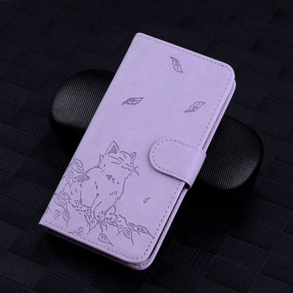 For Google Pixel 9 / 9 Pro Cute Cat Embossed Leather Phone Case(Purple) - Google Cases by buy2fix | Online Shopping UK | buy2fix