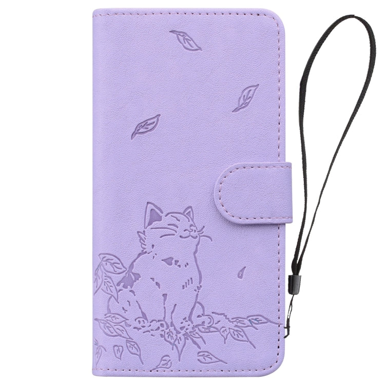 For Google Pixel 9 / 9 Pro Cute Cat Embossed Leather Phone Case(Purple) - Google Cases by buy2fix | Online Shopping UK | buy2fix