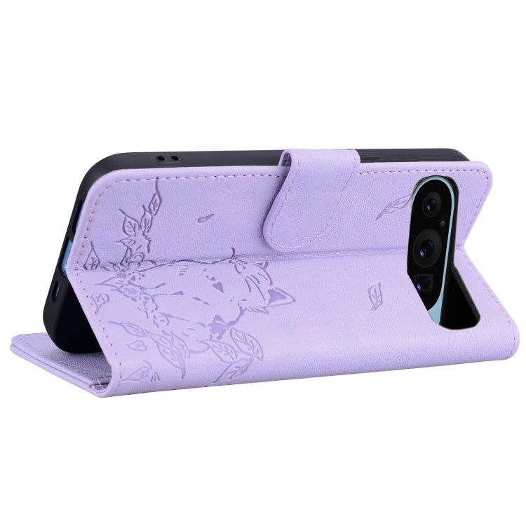 For Google Pixel 9 / 9 Pro Cute Cat Embossed Leather Phone Case(Purple) - Google Cases by buy2fix | Online Shopping UK | buy2fix