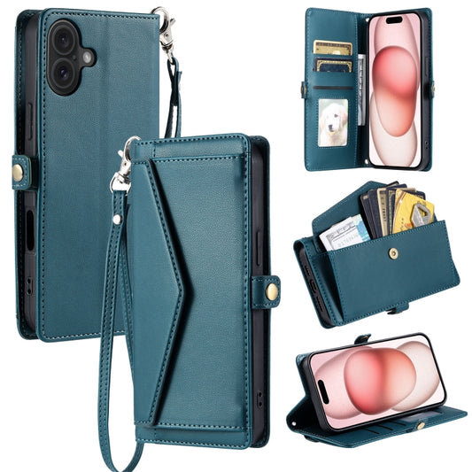 For iPhone 16 Plus Wallet Multi-card Slot Leather Phone Case with Lanyard(Green) - iPhone 16 Plus Cases by buy2fix | Online Shopping UK | buy2fix