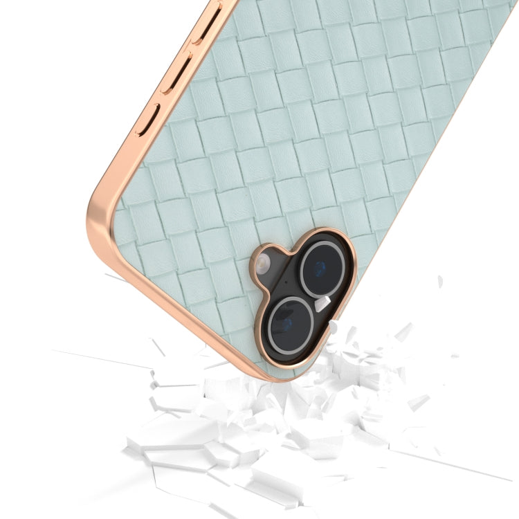 For iPhone 16 Plus Electroplated Frame Woven Texture PU Phone Case(Light Green) - iPhone 16 Plus Cases by buy2fix | Online Shopping UK | buy2fix