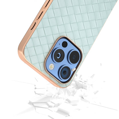 For iPhone 16 Pro Max Electroplated Frame Woven Texture PU Phone Case(Light Green) - iPhone 16 Pro Max Cases by buy2fix | Online Shopping UK | buy2fix