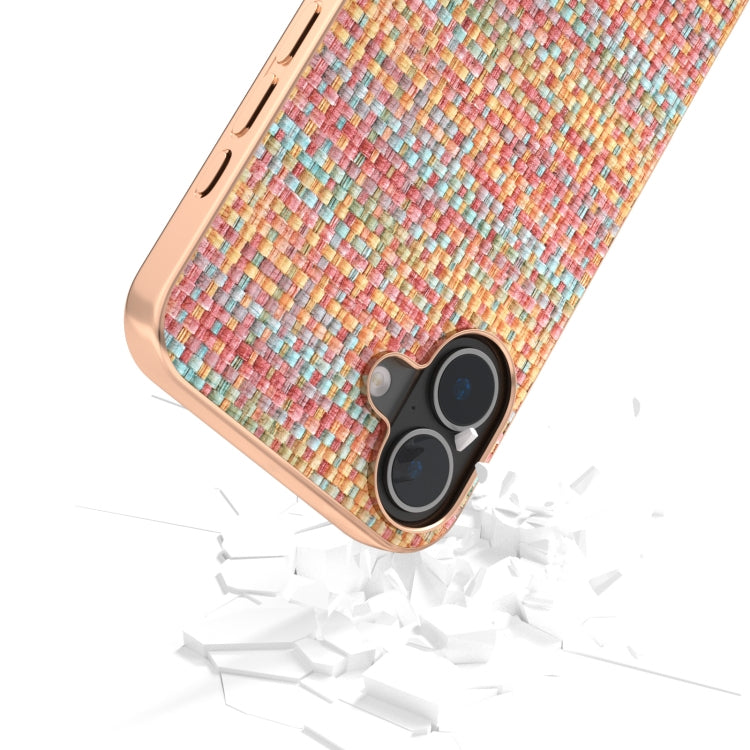 For iPhone 16 Plus Electroplated Frame Color Lattice Texture PU Phone Case(Tangerine) - iPhone 16 Plus Cases by buy2fix | Online Shopping UK | buy2fix