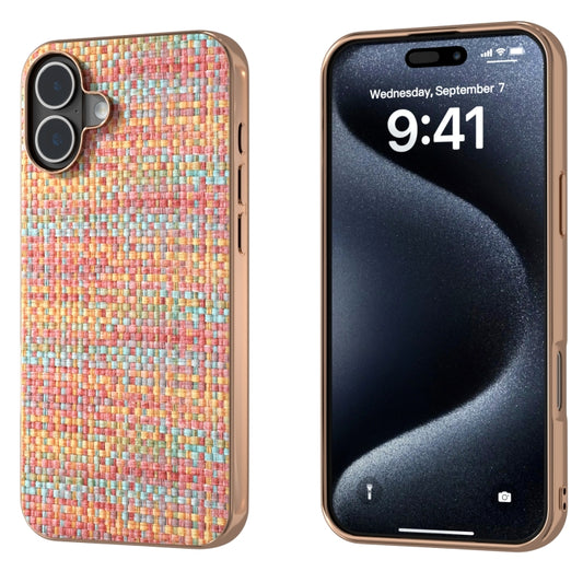 For iPhone 16 Electroplated Frame Color Lattice Texture PU Phone Case(Tangerine) - iPhone 16 Cases by buy2fix | Online Shopping UK | buy2fix