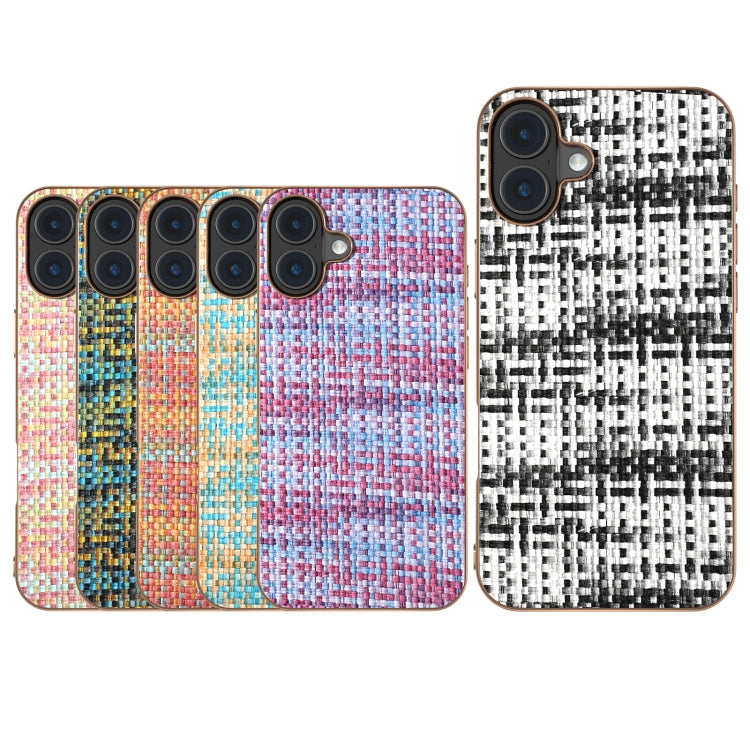 For iPhone 16 Electroplated Frame Color Lattice Texture PU Phone Case(Pink) - iPhone 16 Cases by buy2fix | Online Shopping UK | buy2fix