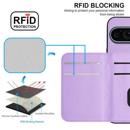 For Google Pixel 9 / 9 Pro Rhombic Texture Card Bag RFID Phone Case with Long Lanyard(Light Purple) - Google Cases by buy2fix | Online Shopping UK | buy2fix