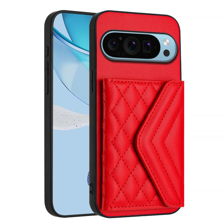 For Google Pixel 9 / 9 Pro Rhombic Texture Card Bag RFID Phone Case with Long Lanyard(Red) - Google Cases by buy2fix | Online Shopping UK | buy2fix