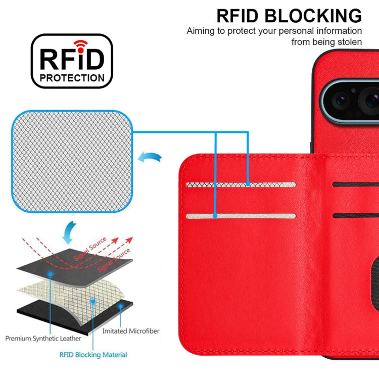 For Google Pixel 9 / 9 Pro Rhombic Texture Card Bag RFID Phone Case with Long Lanyard(Red) - Google Cases by buy2fix | Online Shopping UK | buy2fix