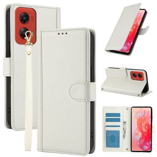 For Motorola Moto G Stylus 5G 2024 Skin Feel Pure Color Card Slots Leather Phone Case with Dual Lanyard(White) - Motorola Cases by buy2fix | Online Shopping UK | buy2fix