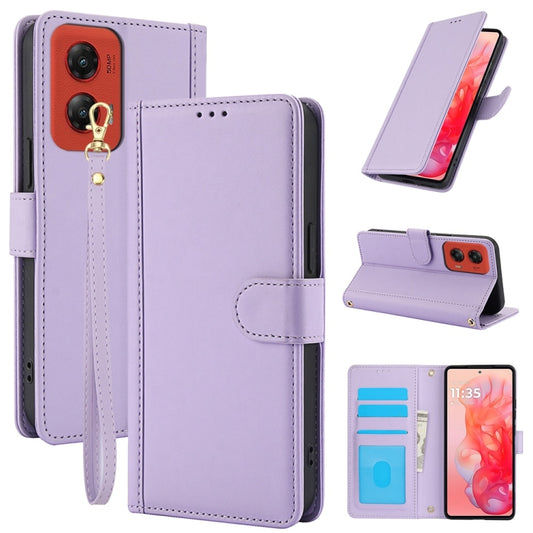 For Motorola Moto G Stylus 5G 2024 Skin Feel Pure Color Card Slots Leather Phone Case with Dual Lanyard(Purple) - Motorola Cases by buy2fix | Online Shopping UK | buy2fix