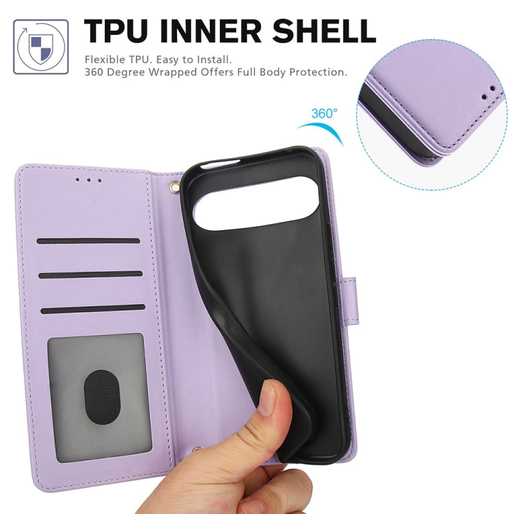 For Google Pixel 9 Pro XL Skin Feel Pure Color Card Slots Leather Phone Case with Dual Lanyard(Purple) - Google Cases by buy2fix | Online Shopping UK | buy2fix