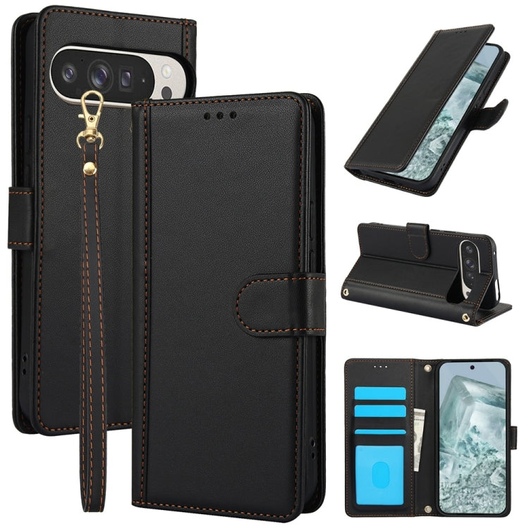 For Google Pixel 9 / 9 Pro Skin Feel Pure Color Card Slots Leather Phone Case with Dual Lanyard(Black) - Google Cases by buy2fix | Online Shopping UK | buy2fix