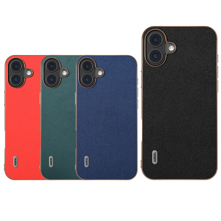 For iPhone 16 Plus ABEEL Electroplating Frame Genuine Leather Luolai Series Phone Case(Dark Blue) - iPhone 16 Plus Cases by buy2fix | Online Shopping UK | buy2fix