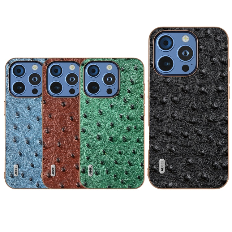 For iPhone 16 Pro Max ABEEL Electroplating Frame Genuine Leather Ostrich Texture Phone Case(Dark Blue) - iPhone 16 Pro Max Cases by buy2fix | Online Shopping UK | buy2fix