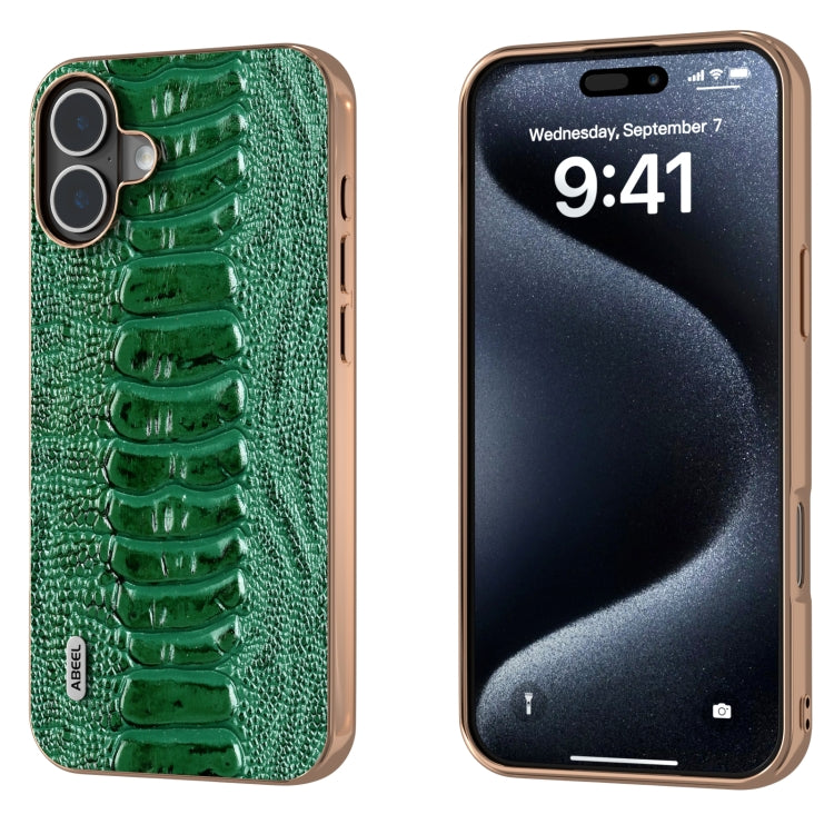 For iPhone 16 ABEEL Electroplating Frame Genuine Leather Weilai Series Phone Case(Green) - iPhone 16 Cases by buy2fix | Online Shopping UK | buy2fix