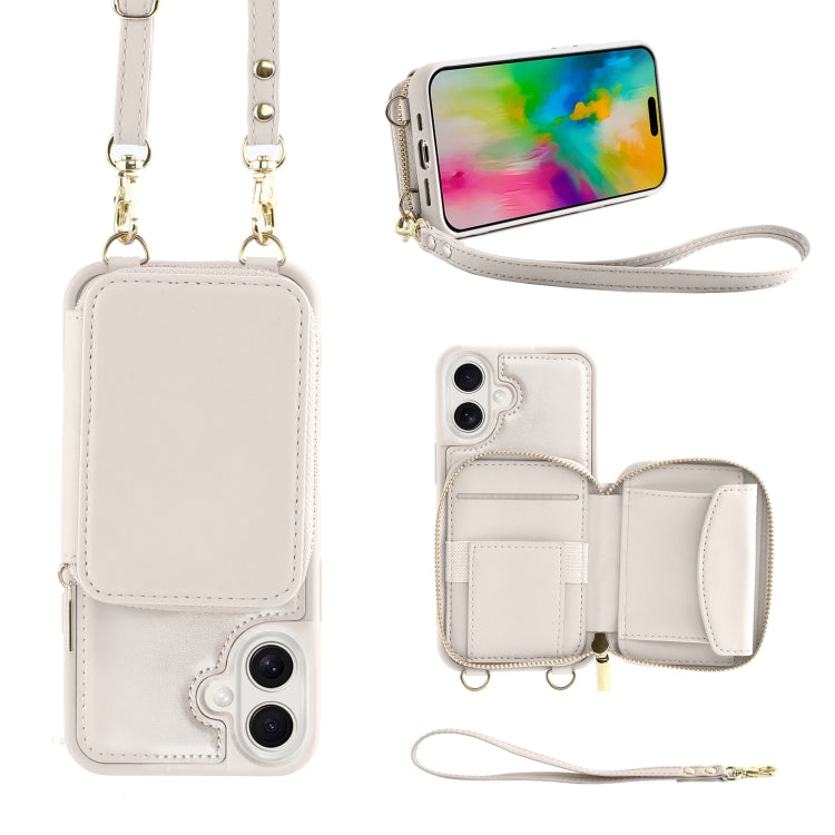 For iPhone 16 Plus Crossbody Zipper Wallet Bag Leather Phone Case with Lanyard(White) - iPhone 16 Plus Cases by buy2fix | Online Shopping UK | buy2fix