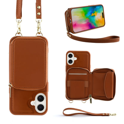 For iPhone 16 Plus Crossbody Zipper Wallet Bag Leather Phone Case with Lanyard(Brown) - iPhone 16 Plus Cases by buy2fix | Online Shopping UK | buy2fix