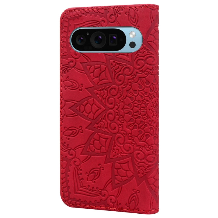 For Google Pixel 9 / 9 Pro Mandala Embossed Dual-Fold Calf Leather Phone Case(Red) - Google Cases by buy2fix | Online Shopping UK | buy2fix