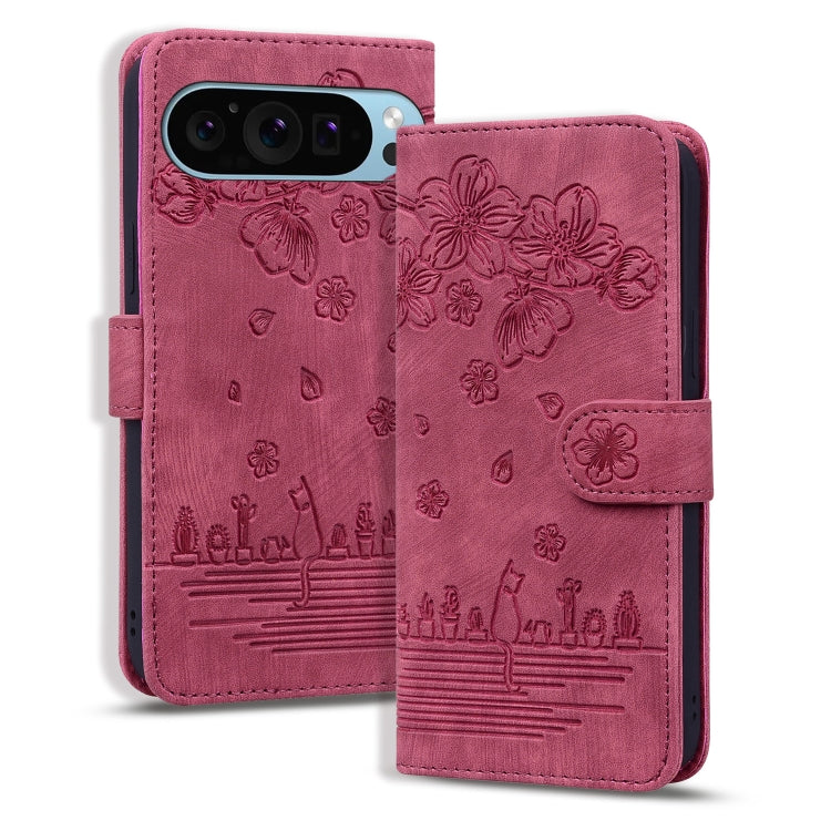 For Google Pixel 9 / 9 Pro Cartoon Sakura Cat Embossed Leather Phone Case(Red) - Google Cases by buy2fix | Online Shopping UK | buy2fix