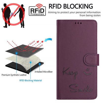 For iPhone 16 Pro Max Smile Embossing RFID Leather Phone Case(Violet) - iPhone 16 Pro Max Cases by buy2fix | Online Shopping UK | buy2fix