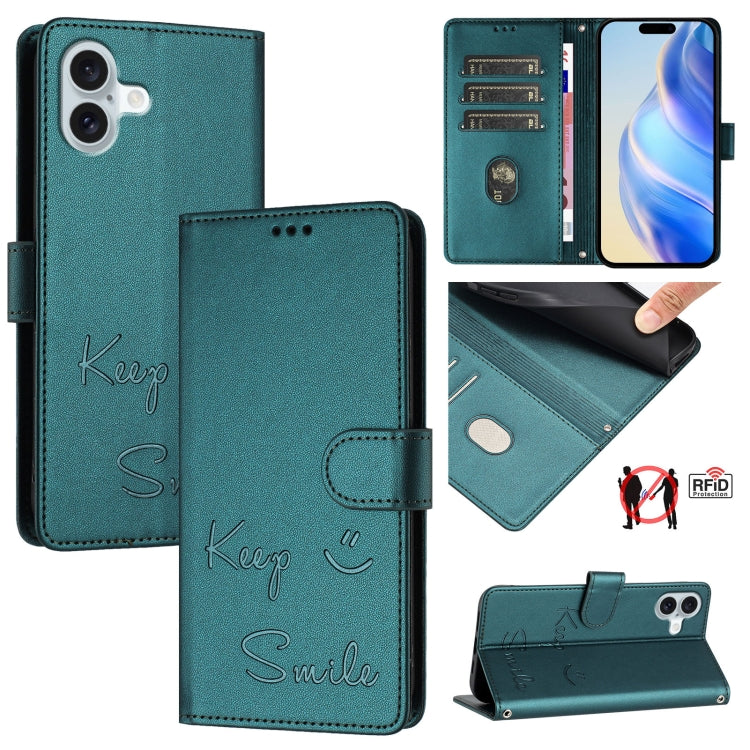 For iPhone 16 Plus Smile Embossing RFID Leather Phone Case(Peacock Green) - iPhone 16 Plus Cases by buy2fix | Online Shopping UK | buy2fix